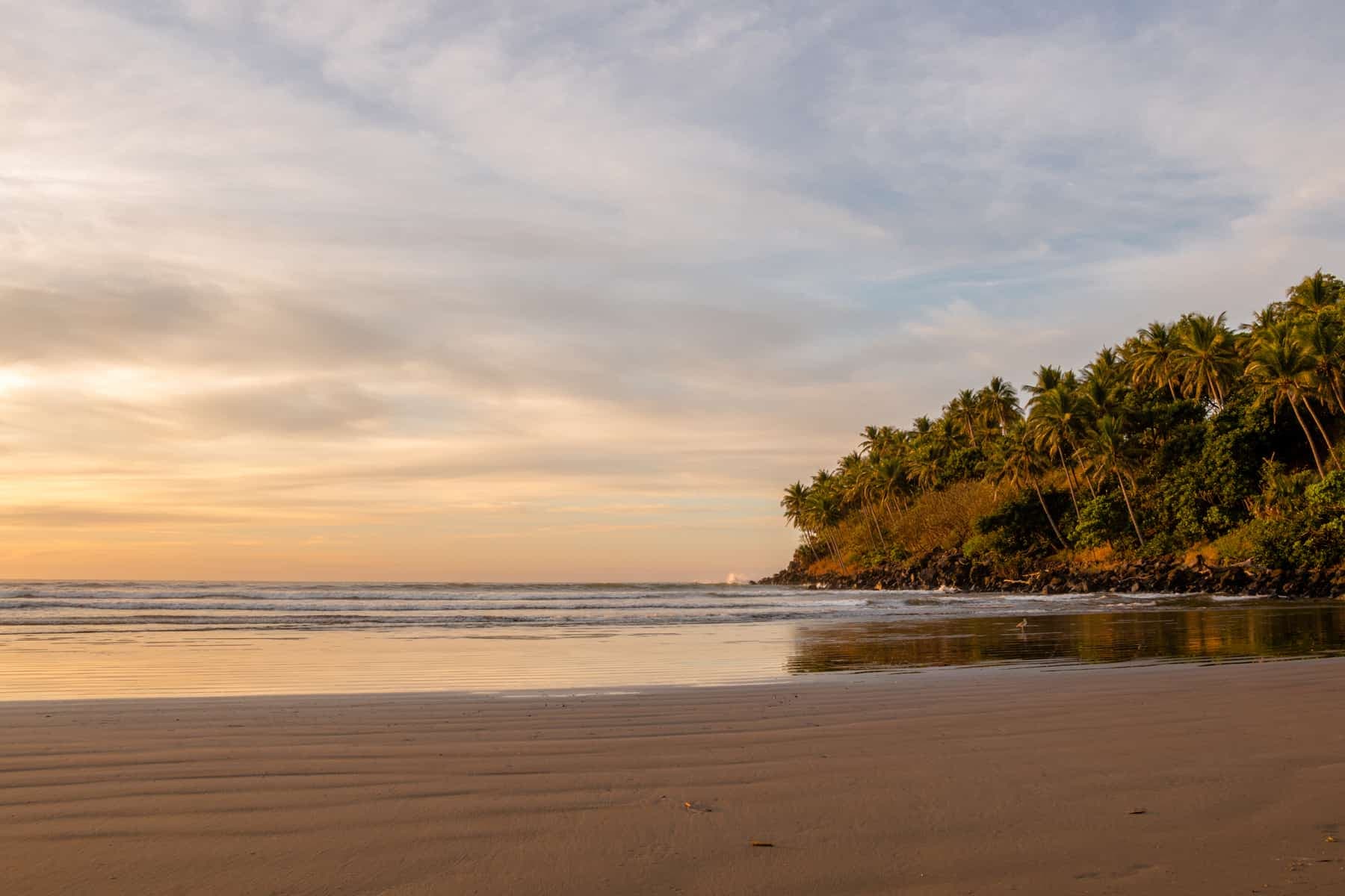 Wide view of Playa El Tunco beach and coastal cliffs in La Unión, El Salvador