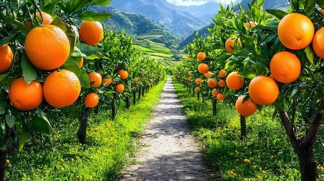 Rows of orange trees laden with fruit line a dirt path through a lush green orchard with mountains in the background.
