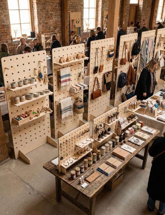 Indoor artisan market with wooden display racks holding woven textiles, bags, ceramics, and small crafts, with shoppers browsing in a brick-walled hall.