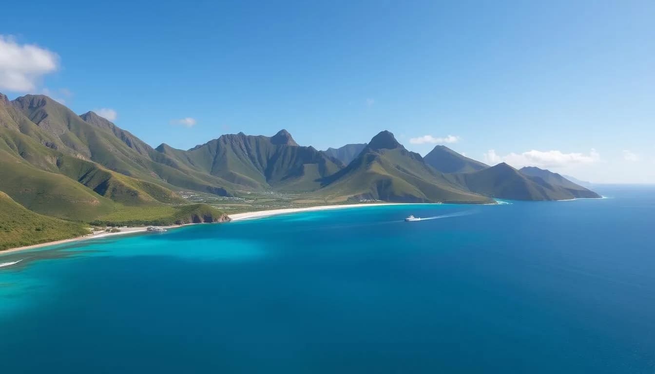 Wide landscape view of Dieppe Bay Town coastline in Saint Kitts with mountains and ocean