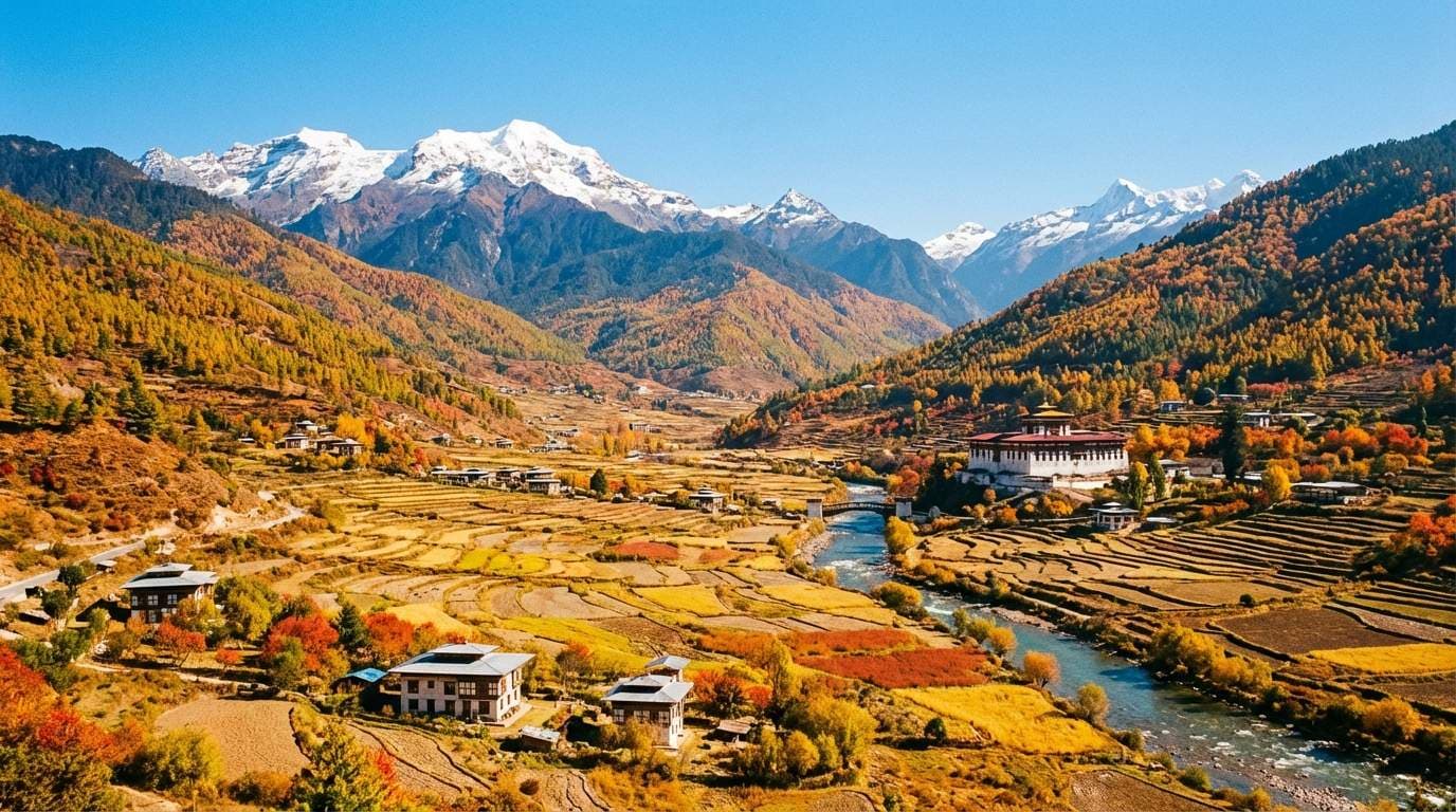 Aerial view of Paro Valley with terraced fields, a river, traditional buildings, and snow-capped Himalayan mountains in the background.