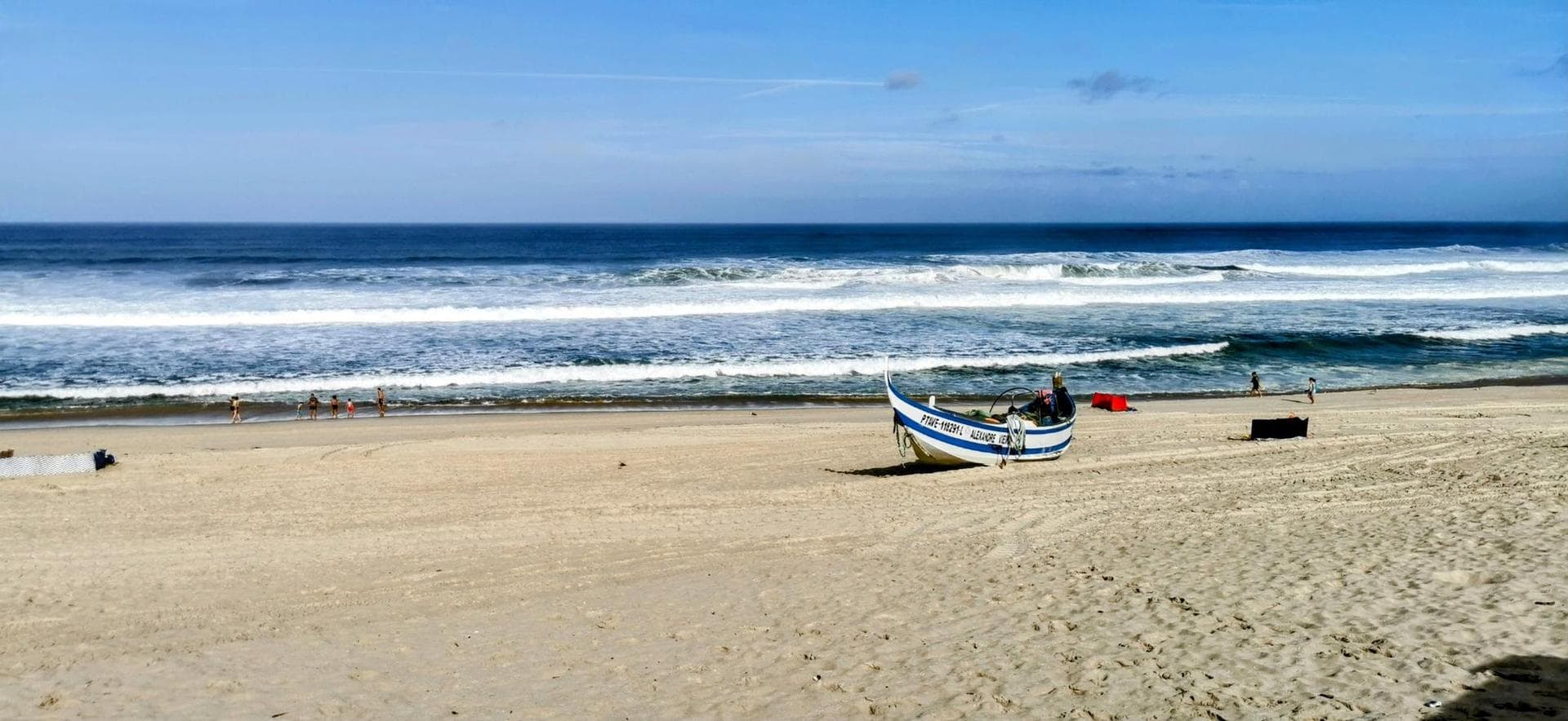 Wide view of the sandy beach at Praia da Mira near Alhadas, Portugal