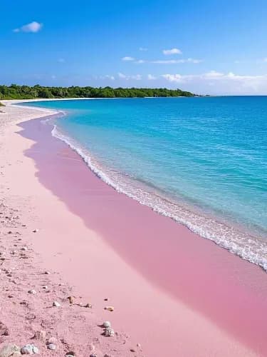 A scenic coastal view of Abaco Island featuring a vibrant pink sand beach meeting turquoise waters under a clear blue sky.