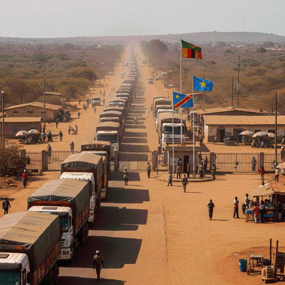 Dusty border crossing road with long truck queues, flags, low hills, and scattered pedestrians under hazy light near Kasumbalesa, north of Chililabombwe, Zambia