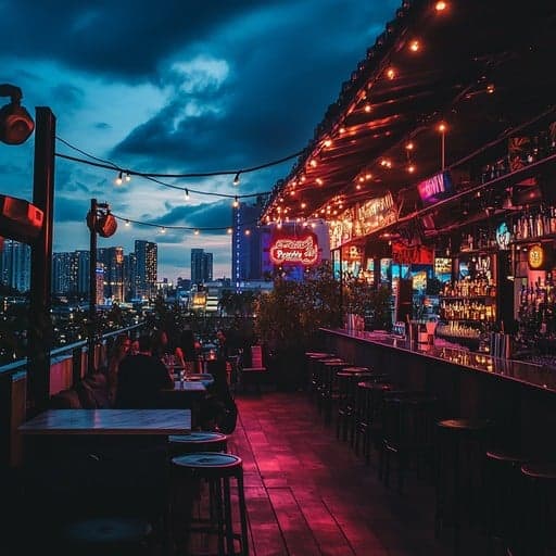 Late night rooftop bar with city lights and guests enjoying drinks
