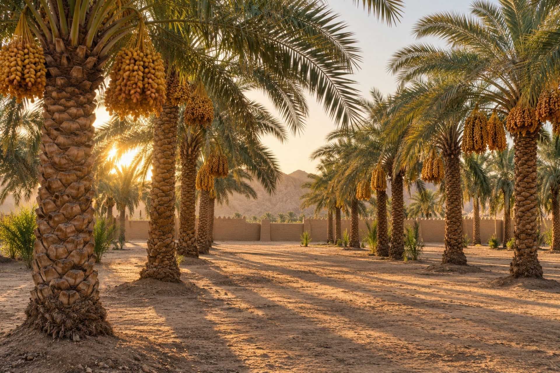 Date palm grove in the Jizan region with ripe fruit clusters, an earthen wall, and desert hills at golden hour