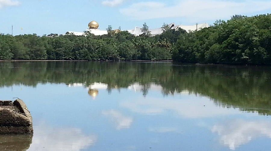 A calm river reflects a dense mangrove forest and a distinctive building with a golden dome in the background under a blue sky.
