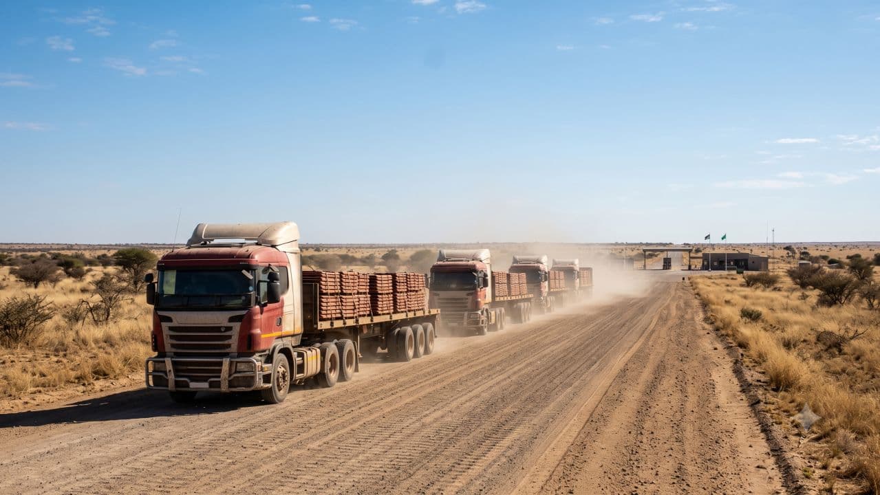 A convoy of red trucks loaded with bricks travels along a dusty road in an arid landscape with low hills and a border crossing structure in the distance near Ch