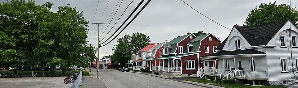 Wide-angle photograph of a quiet village street with red and white houses, trees, and overhead power lines under an overcast sky.