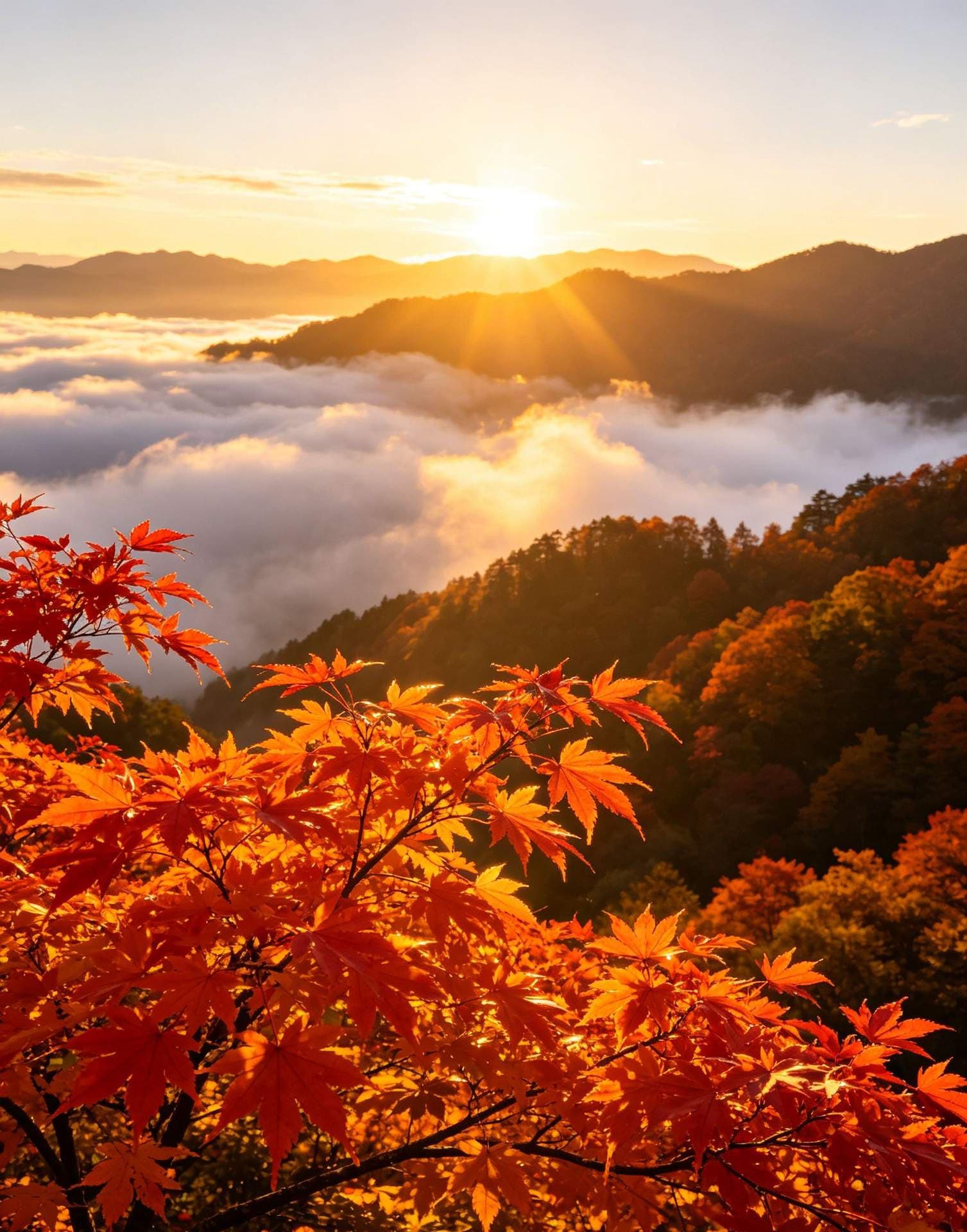 Golden hour sunlight over hilly terrain with autumn maple leaves in the foreground and a sea of clouds below.