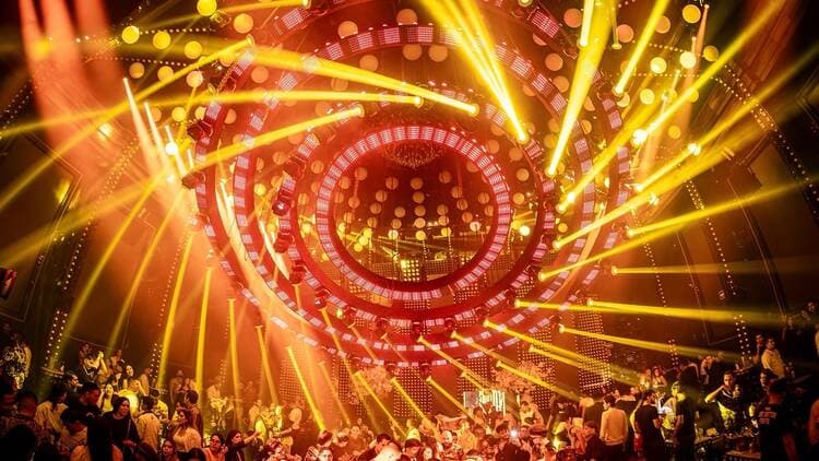 Late night party city with crowds and vibrant nightlife