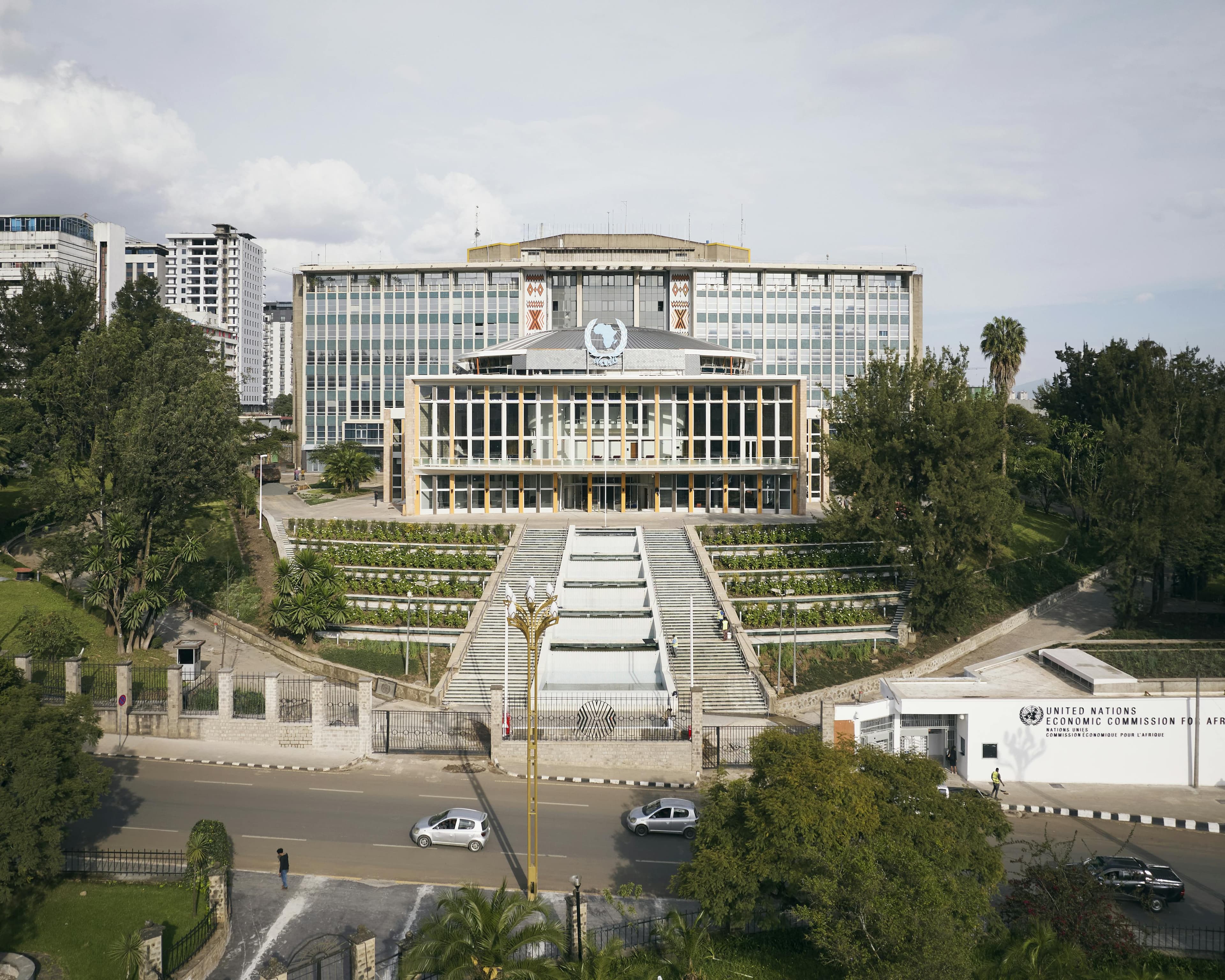 Exterior view of the historic Africa Hall building in Addis Ababa, Ethiopia