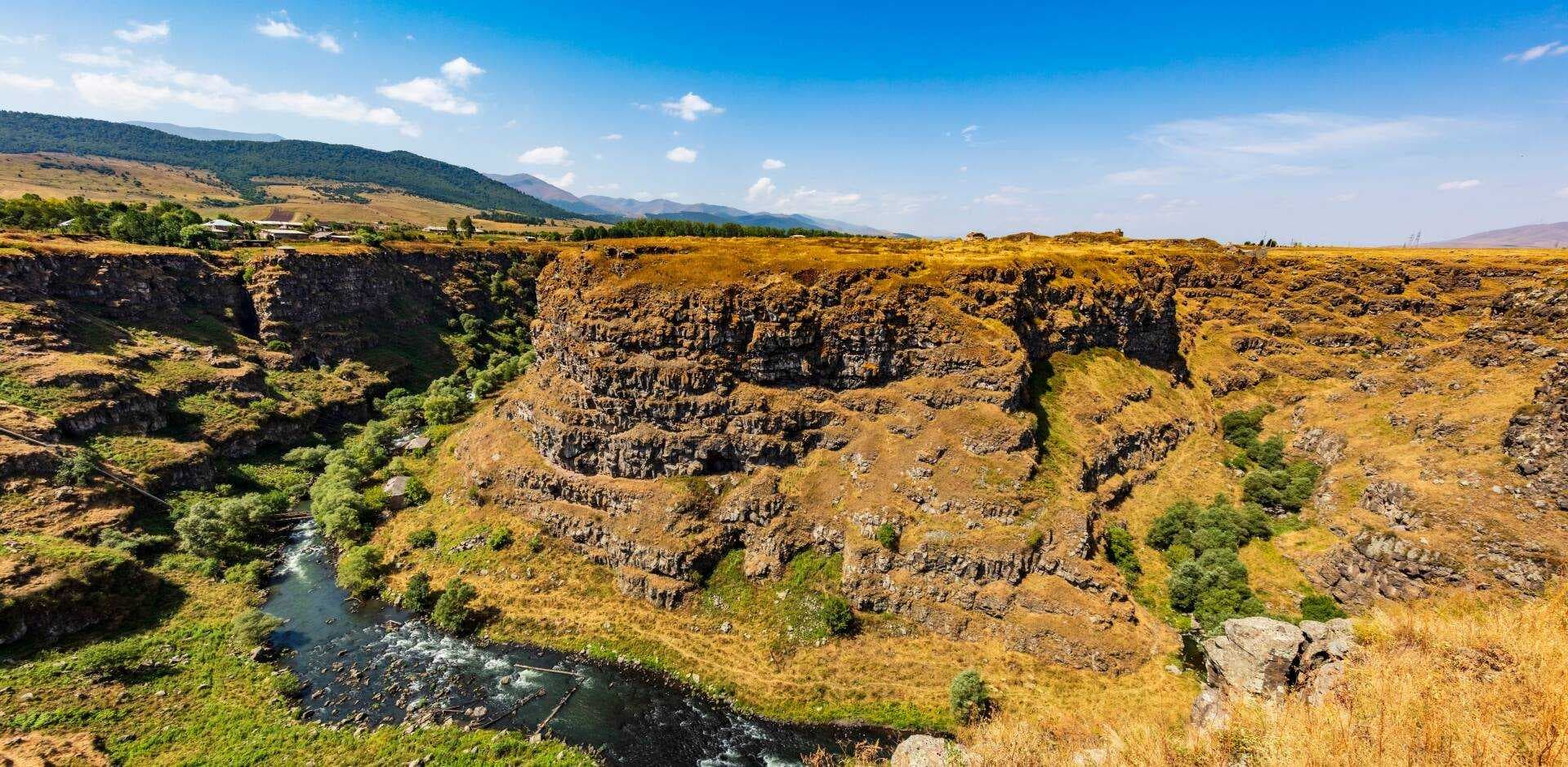 Panoramic view of the Debed River canyon and steep rocky cliffs in Tavush Province, Armenia