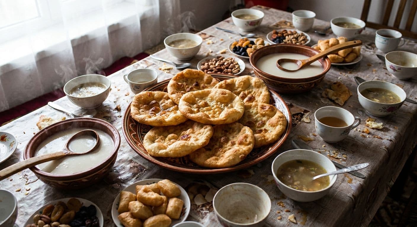 Traditional Kazakh tea service with glass cups, bread, and bowls on a table.