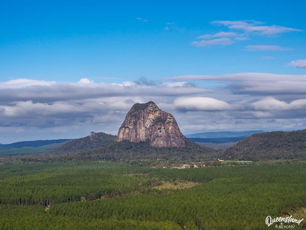 Lush green volcanic peak of Wild Horse Mountain in the Glass House Mountains, Queensland, Australia