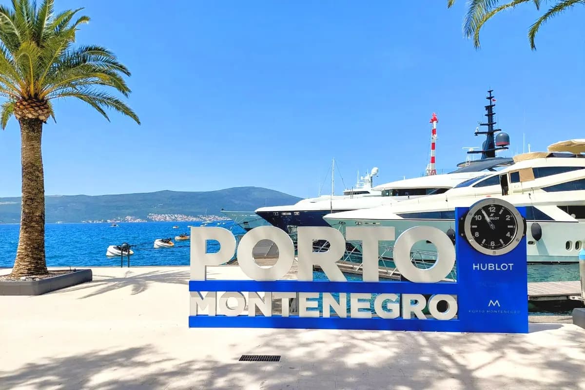 Wide exterior of Porto Montenegro marina with superyachts, palm tree, and branded signage on a sunny day.