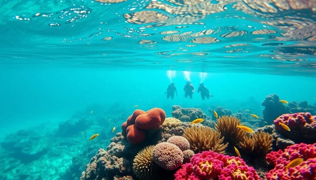 Snorkeling scene showing coral reef and marine life in clear waters near Dieppe Bay