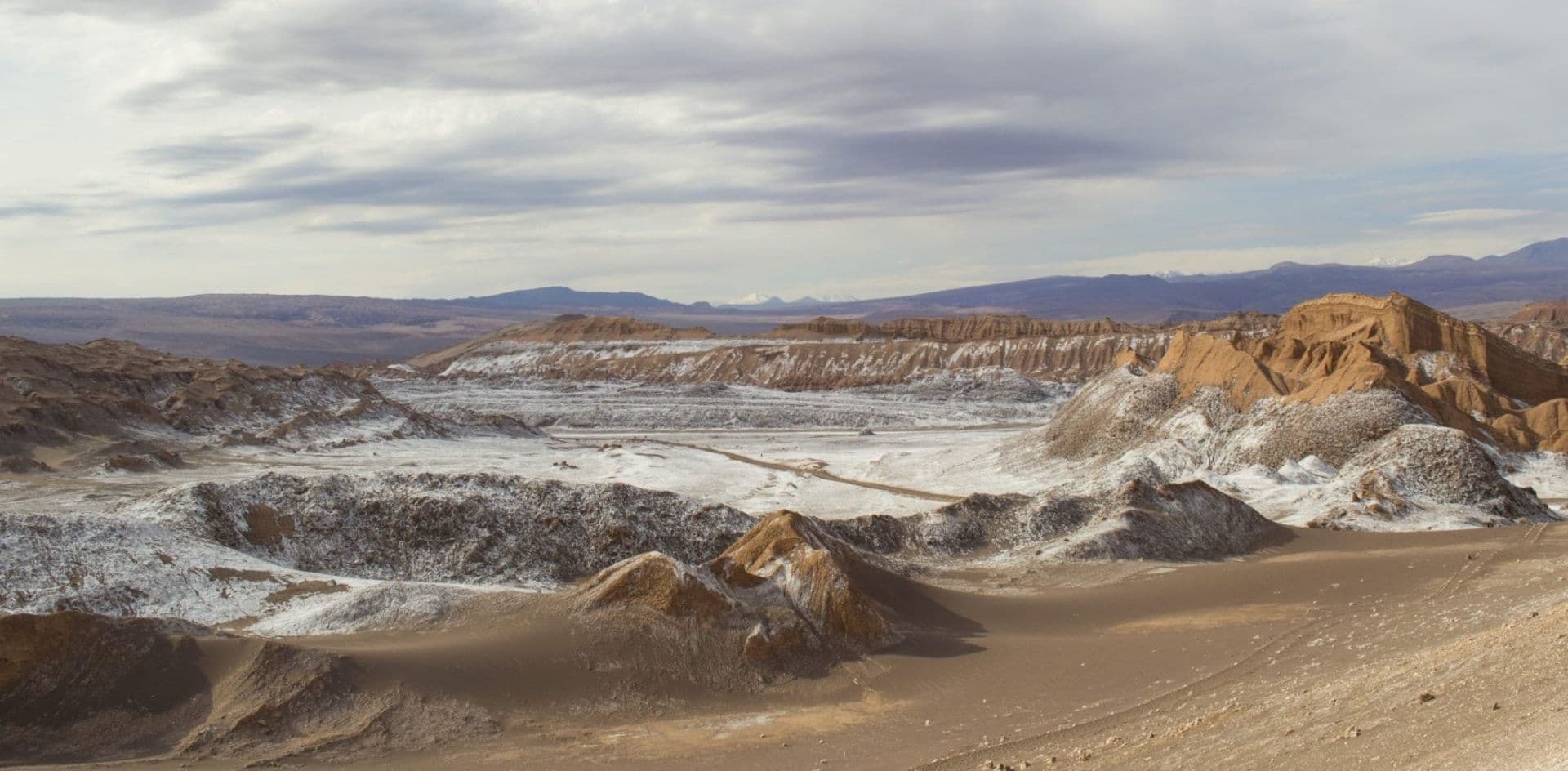 Wide arid desert landscape in Provincia de Copiapó, Chile, with eroded hills and sandy dunes under a cloudy sky.