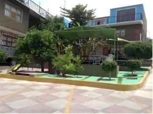 Exterior courtyard of a small rural guesthouse with green awning, potted plants, and tiled patio in a Mexican village.