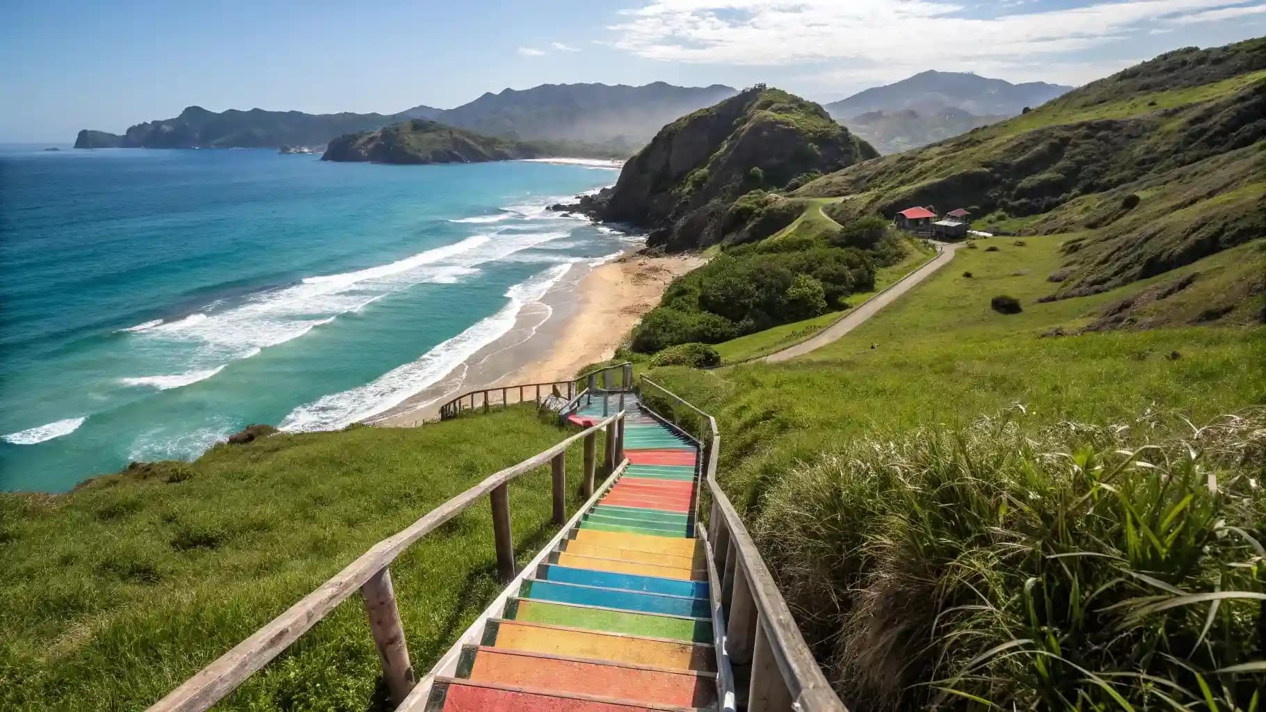 Colorful staircase descending a grassy hillside toward a sandy beach in the Banggai Islands, Indonesia, with turquoise water, breaking waves, and distant mounta