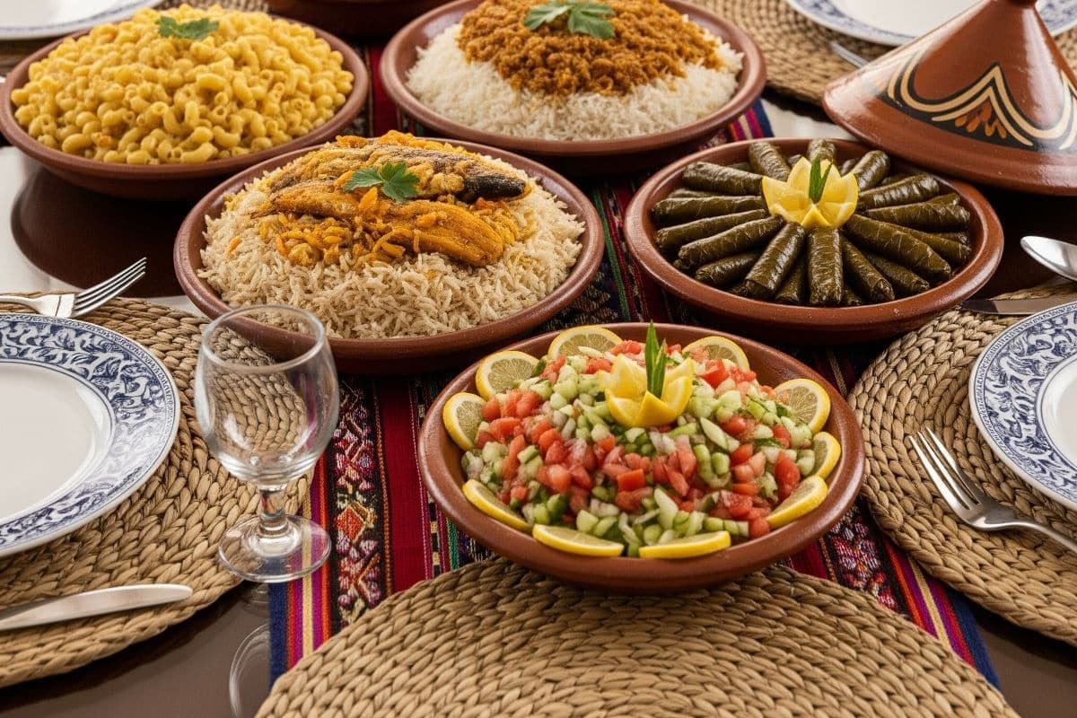 A table spread of North African dishes, including couscous, rice with fish, stuffed vegetables, and a salad, served in clay bowls.