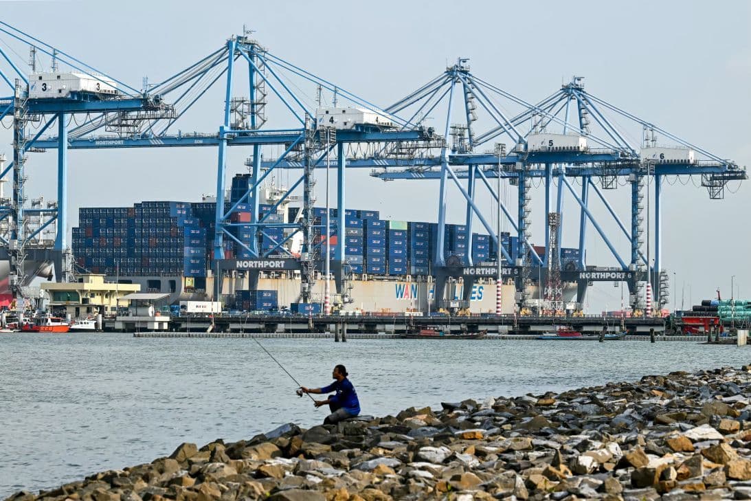 Container port with blue gantry cranes, stacked shipping containers, and a fisherman on a rocky breakwater.