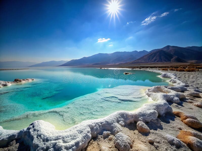 Wide landscape view of the blue waters and salt flats of Lac Assal in Djibouti