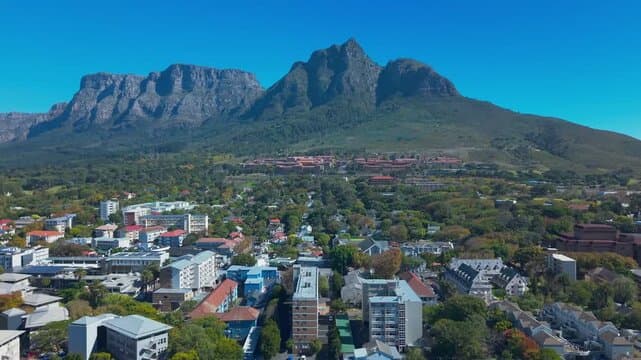 Aerial view of Newlands suburb with lush greenery and residential buildings, set against the dramatic backdrop of Table Mountain under a clear blue sky.