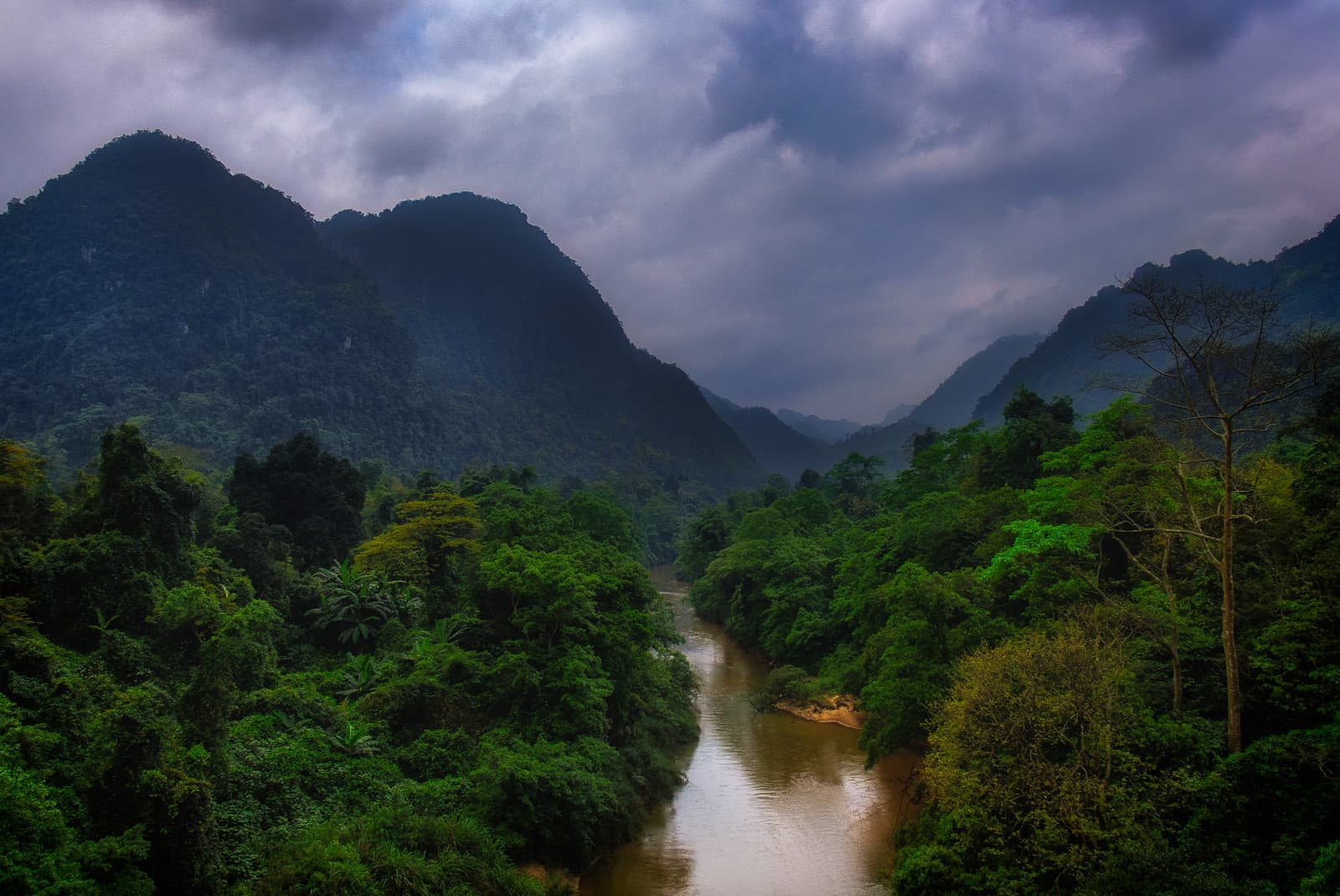 Scenic view of a river stream winding through the forested highlands of Dam Rong, Vietnam