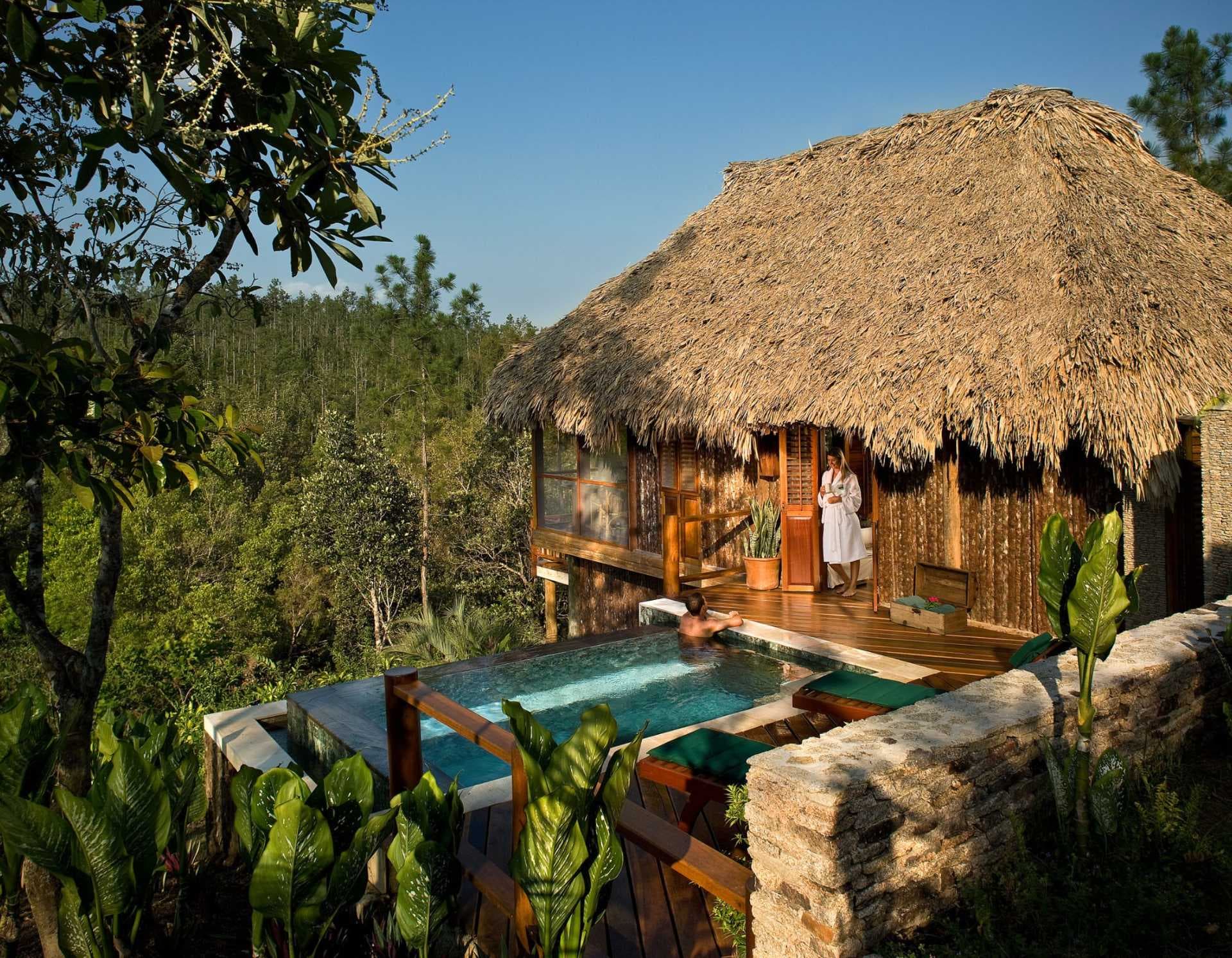 Thatched-roof wooden lodge with private pool and stone terrace, set in lush tropical forest under clear blue sky.