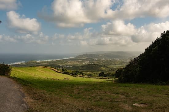 Grassy hillside and paved path leading toward the coastline near Greenland, Barbados.