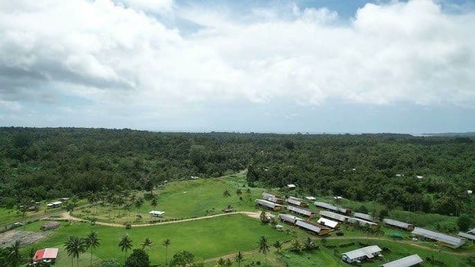 Aerial view of a small settlement with scattered buildings and green fields surrounded by dense tropical forest under a cloudy sky.