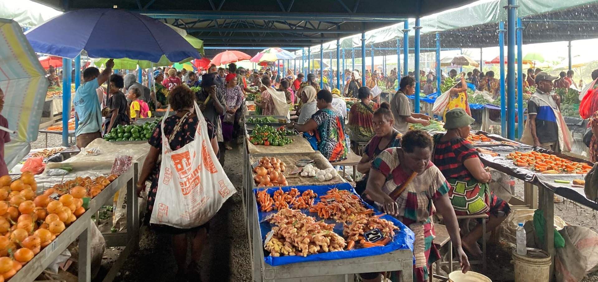 Open-air market scene with vendors and shoppers among stalls displaying oranges, ginger, carrots, onions, and green produce under umbrellas.
