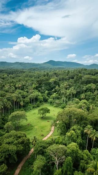Wide view of the coastline in Trindade, Sao Tome and Principe, featuring tropical vegetation and calm waters under a bright sky