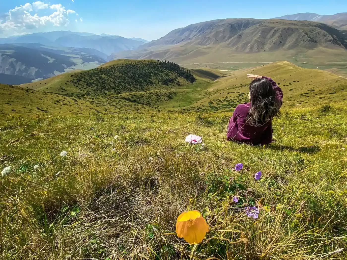 A person sits in a grassy steppe landscape with rolling hills and distant mountains under a blue sky.