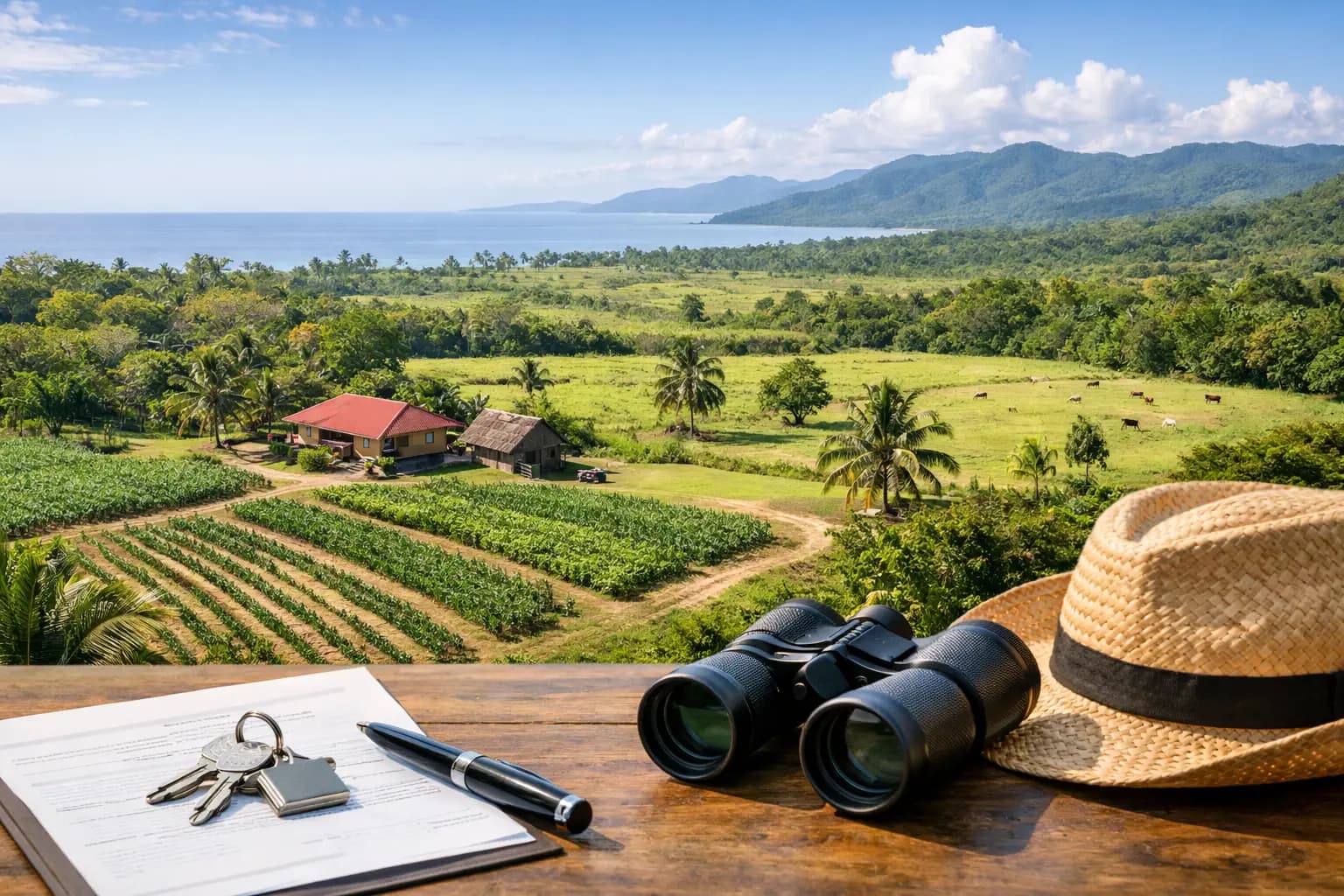 Elevated view of green agricultural fields with crop rows, palm trees, and distant mountains, framed by binoculars, a hat, and documents on a table.