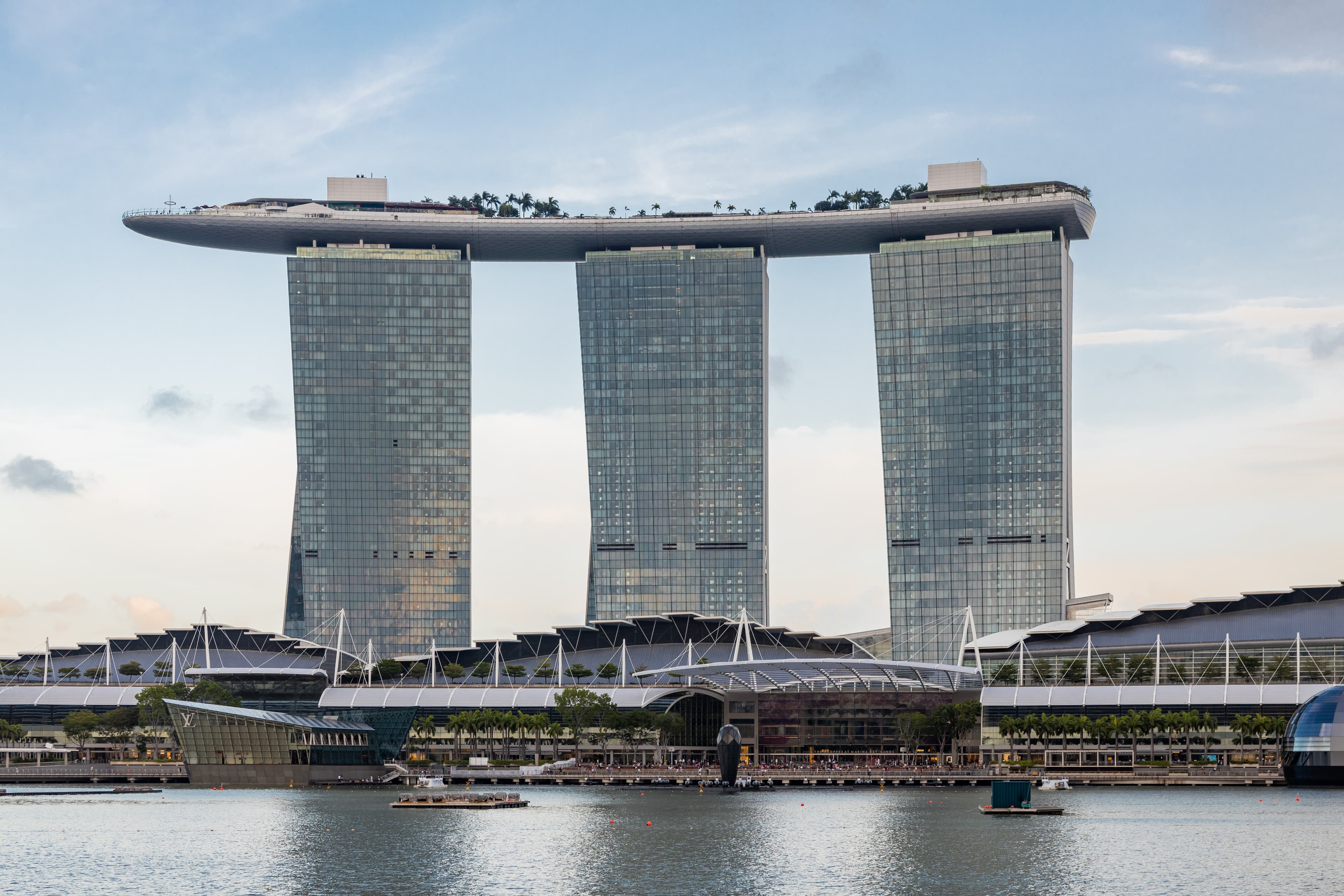 Exterior view of Marina Bay Sands hotel and its iconic three-tower design with sky park, Singapore